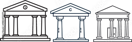 Minimal Vector Icon of Bank Institution in Outline Style with Columns and Roof, Clean Line Art Financial Building Symbol on White Background, Modern EPS Illustration for Banking, Finance, and Investme