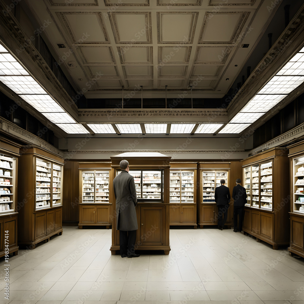 Naklejka premium People examining books in a vast, well-lit library