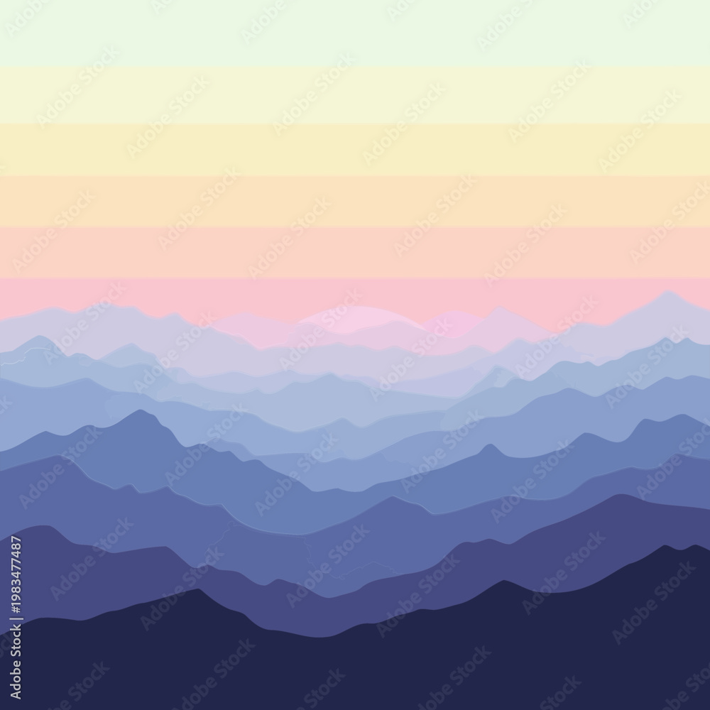 Fototapeta premium Minimalist vector illustration of layered mountain ranges displayed under a soft pastel colored gradient sky