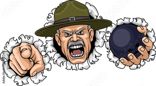 An angry drill instructor or sergeant bootcamp army soldier cartoon character holding bowling ball and pointing sports team mascot illustration.