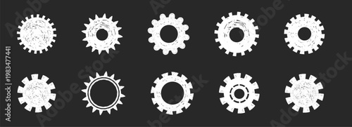 Gear machine wheel icon, cog hand drawn sketch. White chalk rero settings cogs and gears on black background, textured design elements. Setting gear icon. 