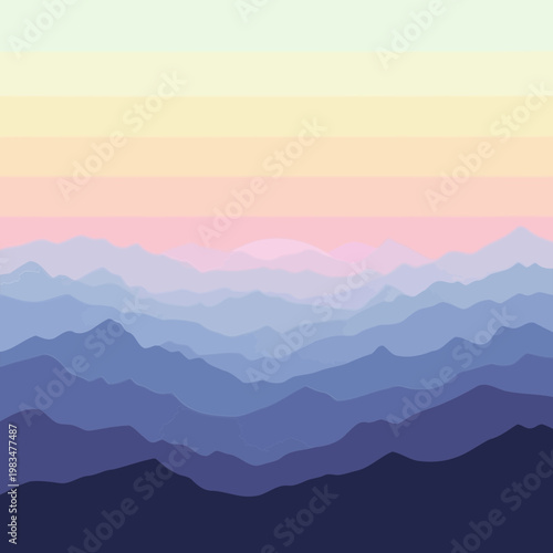Minimalist vector illustration of layered mountain ranges displayed under a soft pastel colored gradient sky