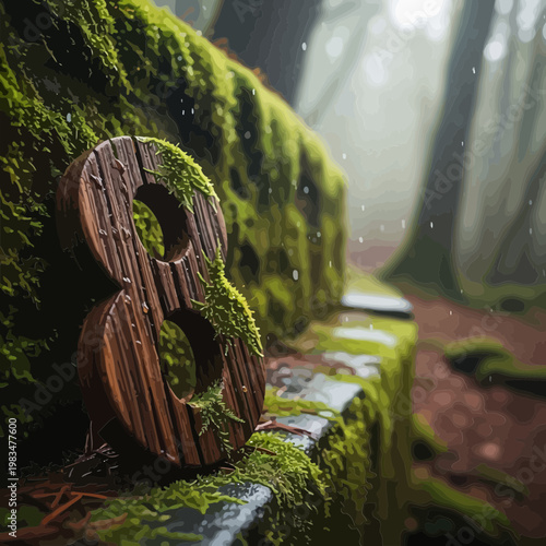 Wooden number eight sign covered in soft green moss for a decorative vector graphic design