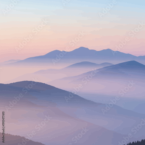 Minimalist vector illustration showing layers of distant mountain ranges during a soft sunrise morning sky
