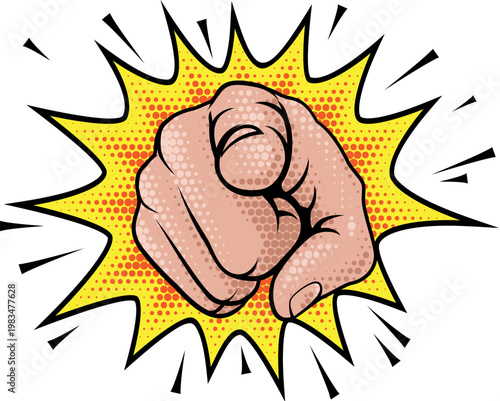 A pointing finger forward wants oe needs you halftone comicbook popart style hand illustration.