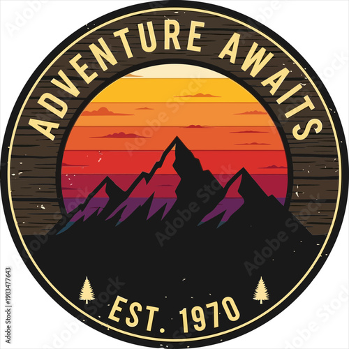 Retro badge illustration featuring a mountain landscape with the inspiring text adventure awaits established nineteen seventy