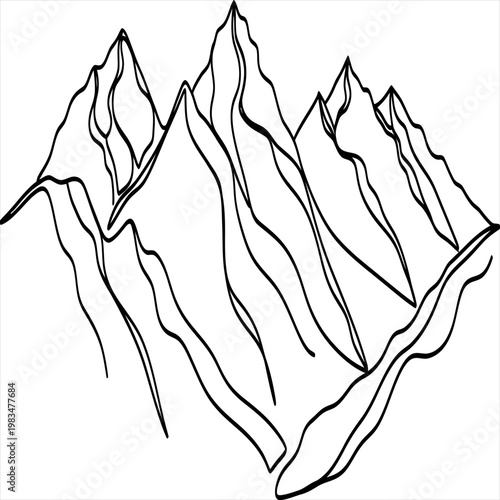 Minimalist vector illustration featuring sharp jagged mountain peaks created with simple clean black lines