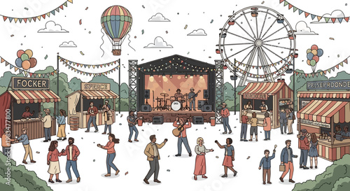 Outdoor Summer Festival with Live Music, Ferris Wheel, Food Stalls, and Happy Crowd