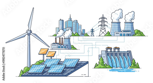 Renewable Energy Sources Powering a City: Wind, Solar, Hydro, and Nuclear Power Plants