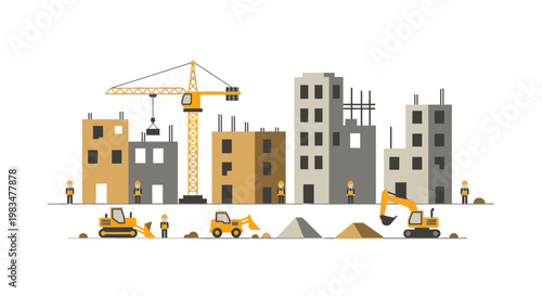 Construction Site Flat Design: Buildings, Cranes, Excavators & Workers