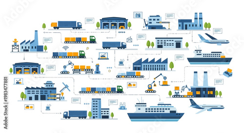 Global Logistics Network: Supply Chain, Warehousing, Transportation & Industry - Flat Illustration