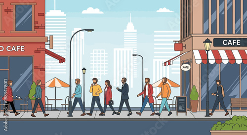 Diverse people walking on city sidewalk outside cafes and shops, urban street scene