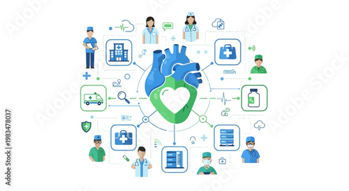 Healthcare Network: Doctors, Nurses, Ambulance, Hospital, Heart Health Icons