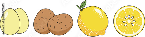 Potato and lemon set isolated on white background, whole and sliced vegetables and citrus fruits vector illustration collection