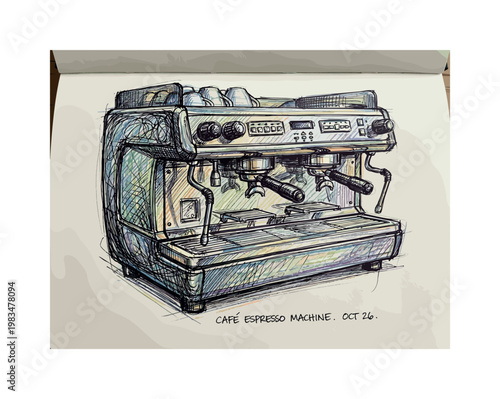 Espresso machine with dual spouts and control panel forming central coffee shop counter equipment in expressive vibrant multicolor