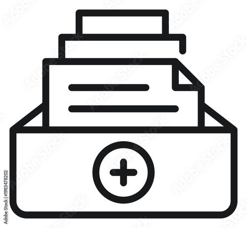 Black line art vector icon illustration of a document storage box with a plus sign, representing adding new files, archiving data, or organizing folders in a minimalist flat design style.