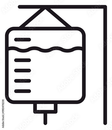 Minimalist black line vector icon of a medical IV bag hanging on a stand, representing intravenous therapy, hospital treatment, healthcare infusion, and patient care. Scalable symbol illustration.