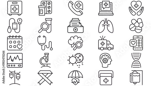 Medical and Healthcare Vector Icon Set: 25 Minimalist Black Line Symbols for Telehealth, First Aid, Pharmacy, Cardiology, Laboratory Research, Mental Health, Hospital Equipment, and Wellness.