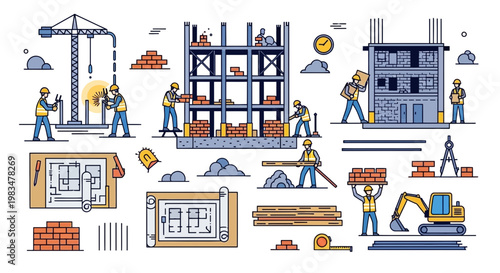 Construction Site Scene with Workers, Crane, Excavator, and Blueprints