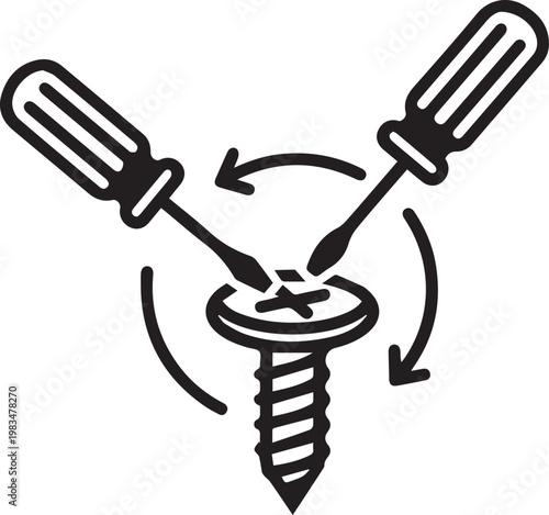 Professional black and white vector screwdrivers turning metal fasteners for mechanical engineering, DIY repair manuals, workshop safety guides, automotive maintenance tutorials, industrial