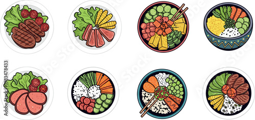 Healthy food bowls vector set rice vegetables meat and salmon dishes collection balanced meal illustration isolated