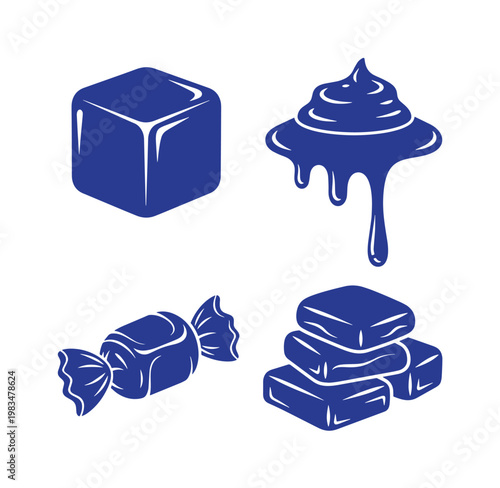 Blue chocolate candy icons including cube and wrapped sweets and brownies