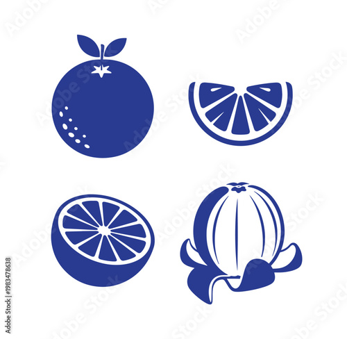 Blue citrus fruit icons including orange lemon and peeled segments on white background