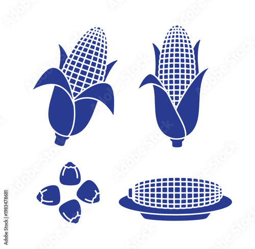 Blue corn icons including ears and kernels on white background