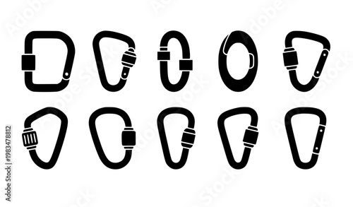 Carabiner clip icon collection vector climbing hook silhouettes isolated on white background