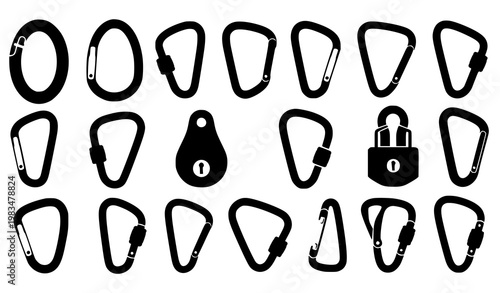 Carabiner icon set vector clip hook climber clasp silhouettes isolated on white