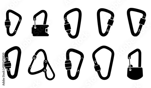 Carabiner silhouettes vector set clip hook clasp climbing tool icons isolated on white