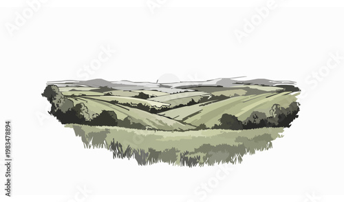 Artistic hand drawn countryside sunrise landscape with hills and meadow field vector illustration vintage sketch style set