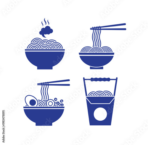 Blue icons of bowls and takeout containers filled with noodles and ramen  various servings