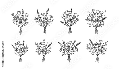 Minimal floral bouquet doodle vector set with hand drawn flowers and leaves isolated on white background illustration