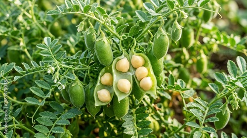 Close-up of fresh green chickpea pods bursting with creamy beans, ready for harvest in a sunny field.