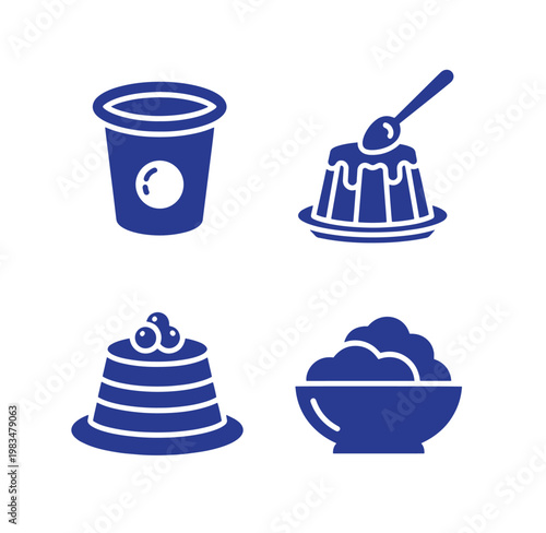 Blue icons of dessert food and drink items on white background