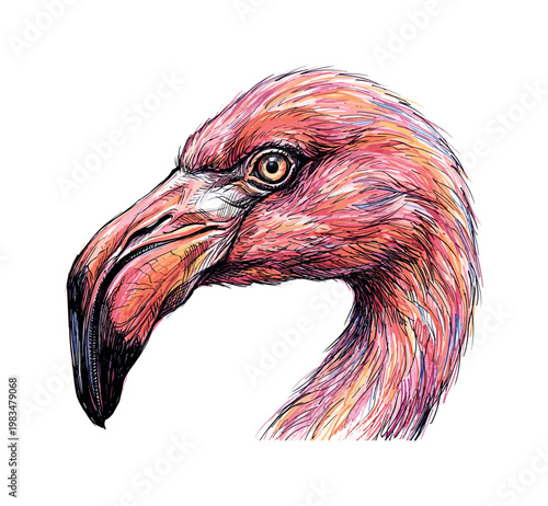 Frontal flamingo head with symmetrical features and gentle gaze highlighted by smooth feather texture and structured hatching