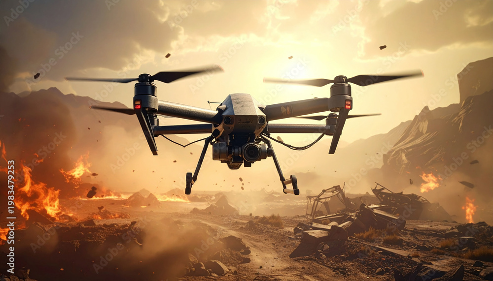 Naklejka premium Advanced drone monitors a chaotic war zone with fires and debris at sunset. A powerful image for military technology, disaster response, and aerial surveillance concepts in global media.