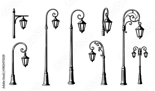 Hand drawn style street lamp post vector collection of classic and vintage lighting poles isolated on white background illustration set