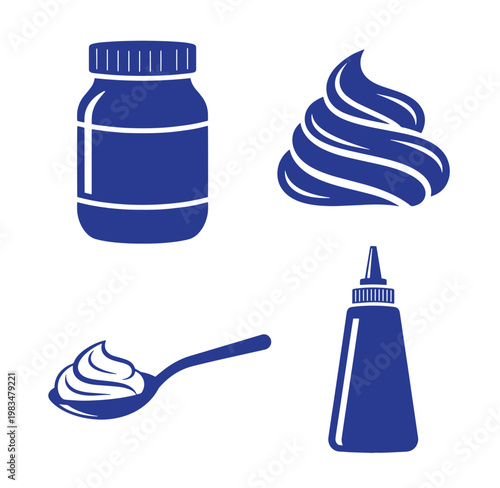 Blue icons of mayonnaise jar squeeze bottle spoon and dollop on white background