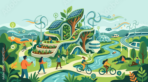 Nature and technology harmony scene represented in curvy-only shape logic,  same base idea kept - nature, technology, harmony, scene, represented, curvy-only, shape, logic