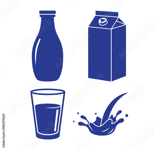 Blue icons of milk bottle carton glass and splash on white background