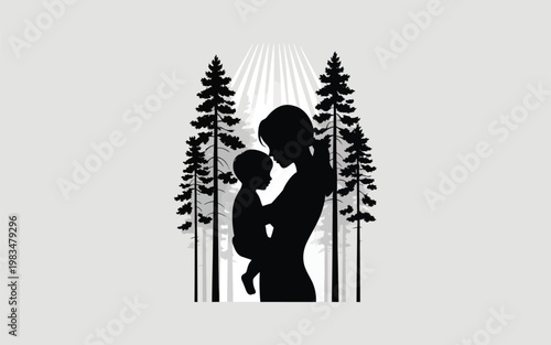 Mother holding baby silhouette framed by two pine trees with silhouette outdoors parenthood maternity togetherness protection lifespan genealogy relative procreation reproduction