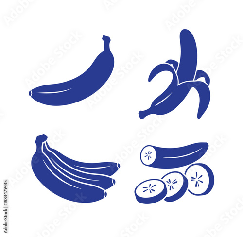 Blue illustrations of bananas and plantains in different forms and slices on white background