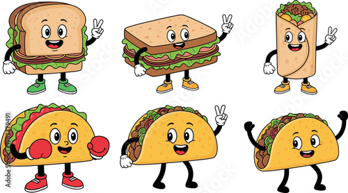 Cute fast food characters vector set sandwich burrito and taco mascots cartoon style funny food illustration collection