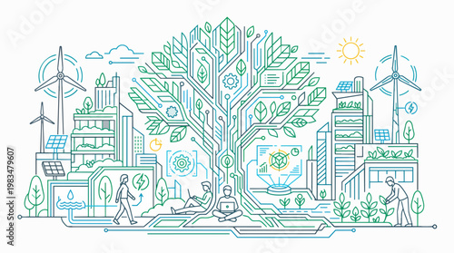 Nature and technology harmony scene represented in strict algorithmic line logic,  same base idea - nature, technology, harmony, scene, represented, strict, algorithmic, line