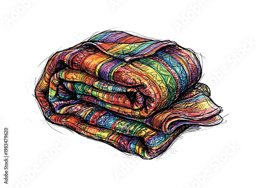 Folded warm blanket with layered fabric draping and soft texture emphasizing comfort and warmth in expressive vibrant multicolor