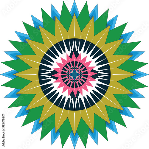 Elegant blue and green starburst mandala with sharp crystalline points and pink center flower for decorative vector backgrounds