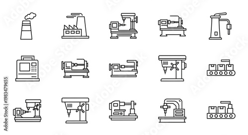 Collection of Industrial Manufacturing Machine Icons.