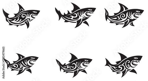 Set of tribal shark silhouettes in different poses. Aggressive ocean predator design with decorative patterns, isolated on white background. Perfect for tattoo, logo, mascot, sports branding, and mari